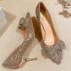 Autumn and winter new sequins rhinestone bow and soft leather fashion sexy singl